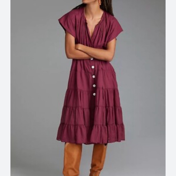 NWT Erika Peña tiered button down midi dress red-orange - Picture 5 of 5